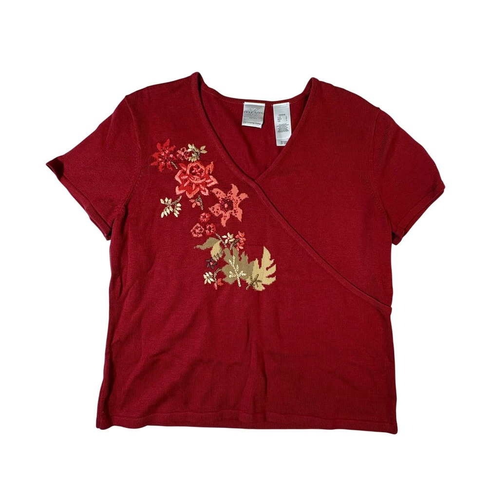 Emma James Petite Large Red Floral Embroidered Sequin Faux Wrap V-Neck Knit Top